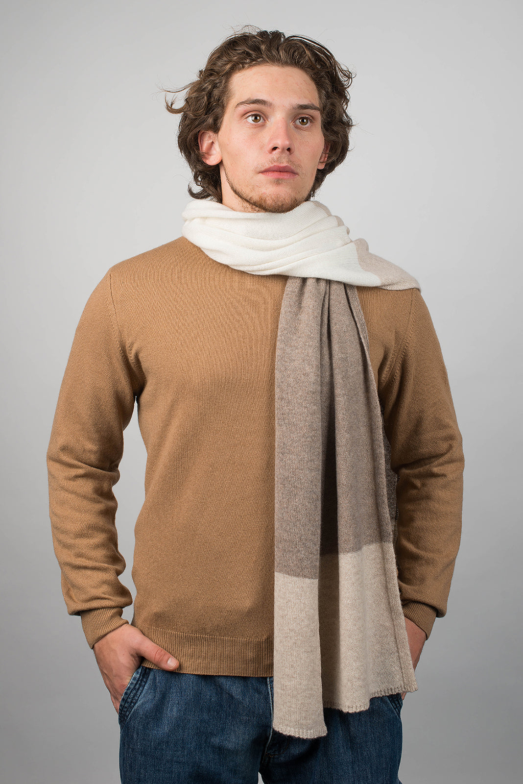 Men's three-colour 100% cashmere scarf, colour Beige-Mink-Cream, view 2 | Dalle Piane Cashmere