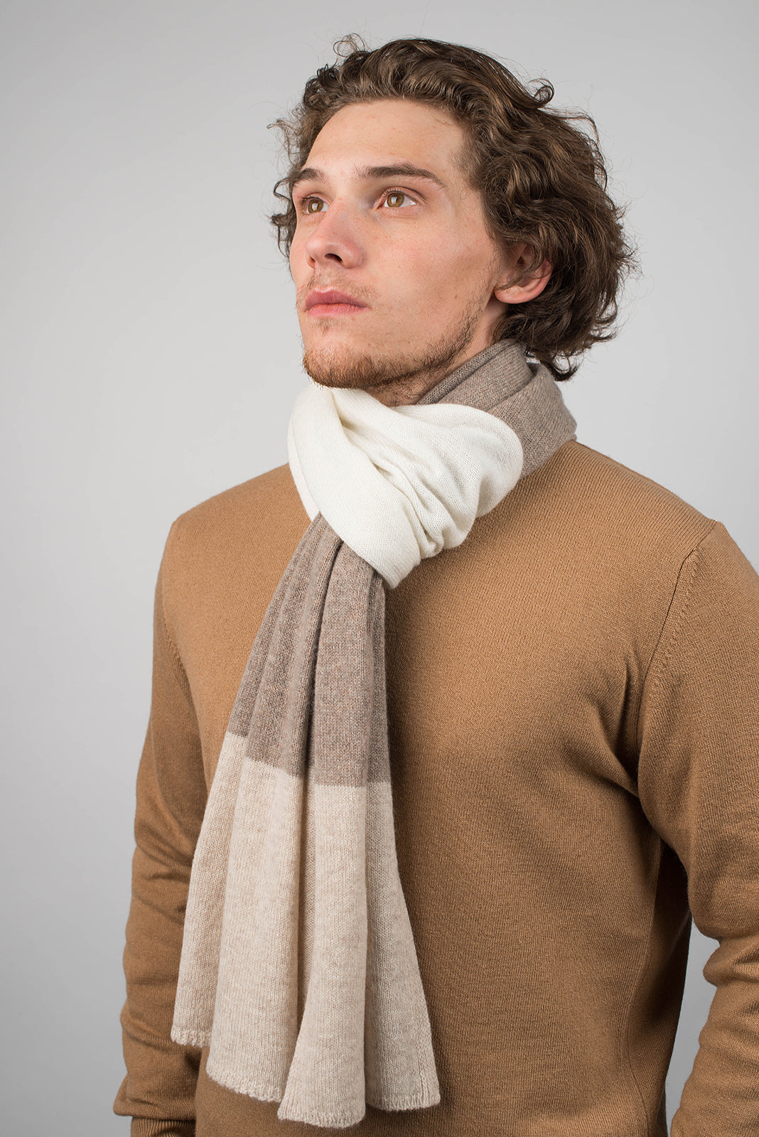 Men's three-colour 100% cashmere scarf, colour Beige-Mink-Cream, view 3 | Dalle Piane Cashmere
