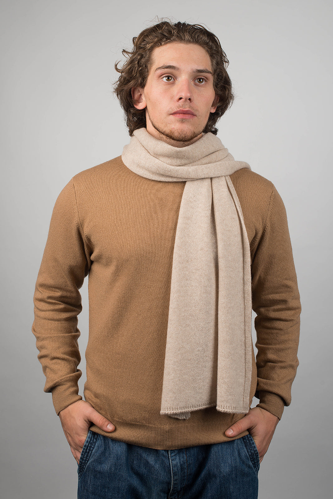 Men's wide 100% cashmere scarf, colour Beige, view 2 | Dalle Piane Cashmere