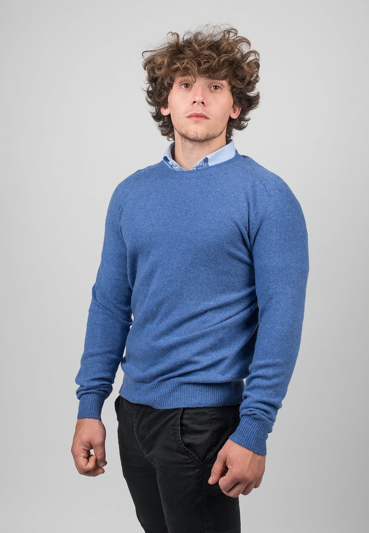 Men's recycled cashmere crewneck, colour Light Blue, view 2 | Dalle Piane Cashmere
