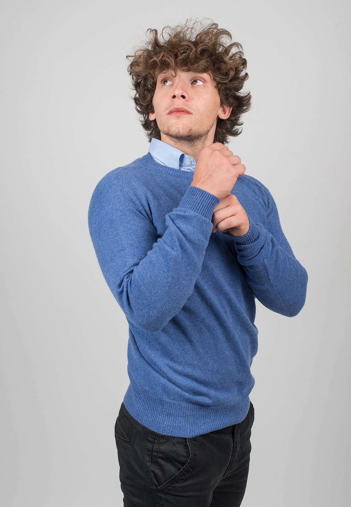 Men's recycled cashmere crewneck, colour Light Blue, view 3 | Dalle Piane Cashmere