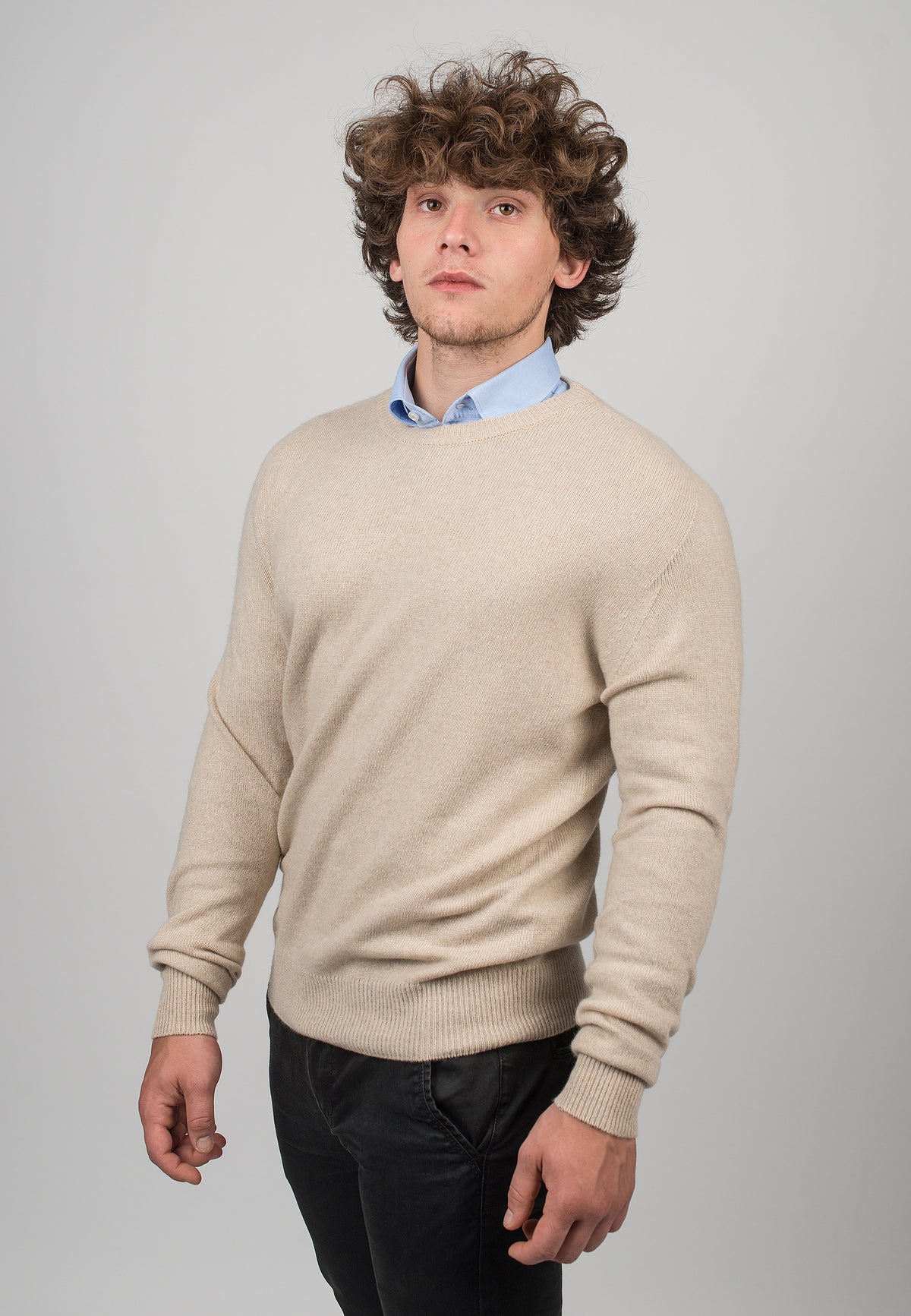 Men's recycled cashmere crewneck, colour Beige, view 2 | Dalle Piane Cashmere