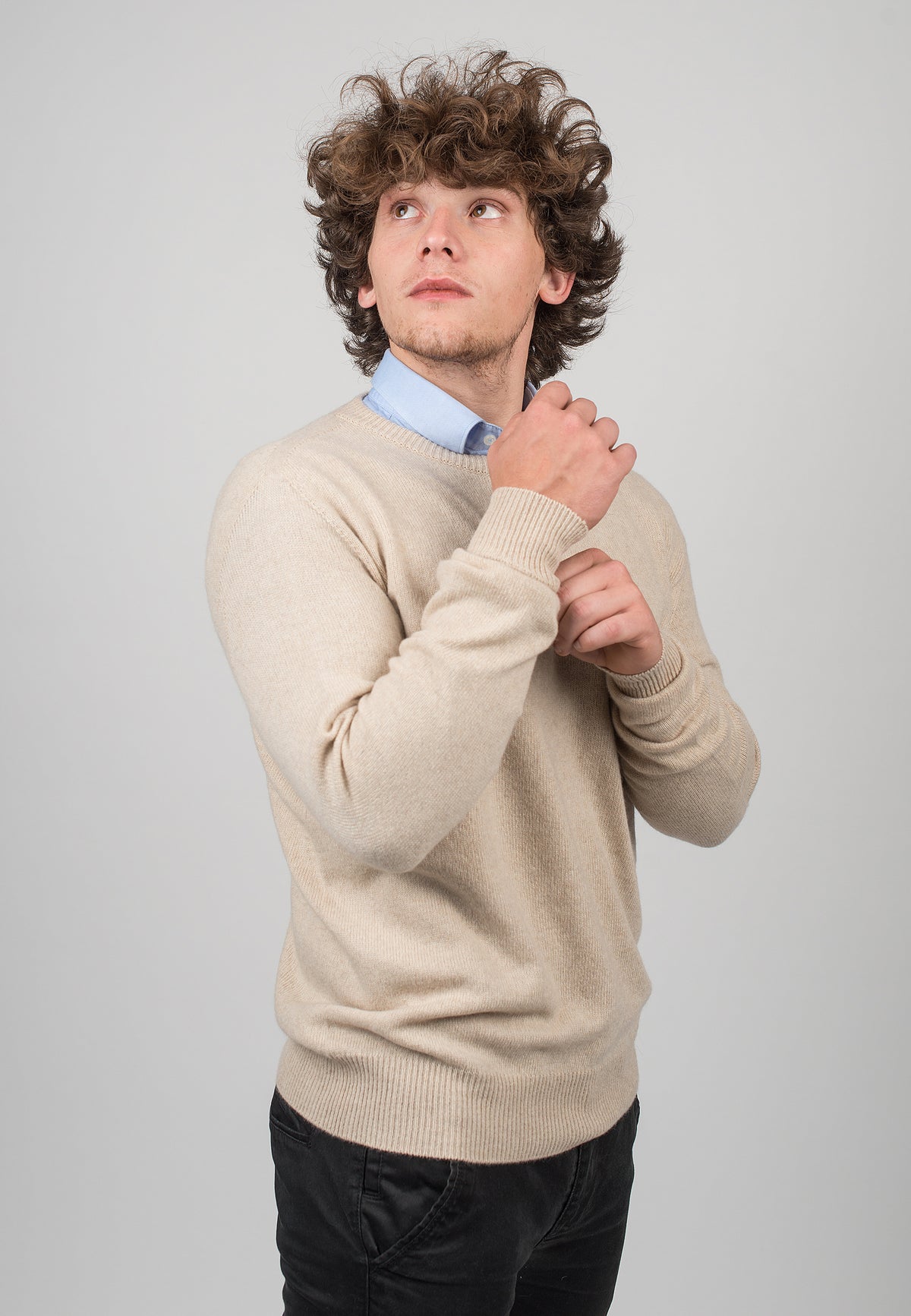 Men's recycled cashmere crewneck, colour Beige, view 3 | Dalle Piane Cashmere