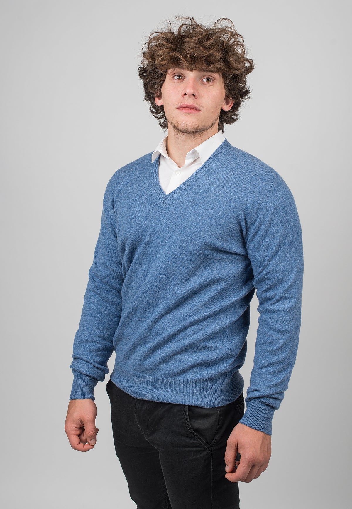 Men's 100% cashmere V-neck, colour Light Blue, view 2 | Dalle Piane Cashmere