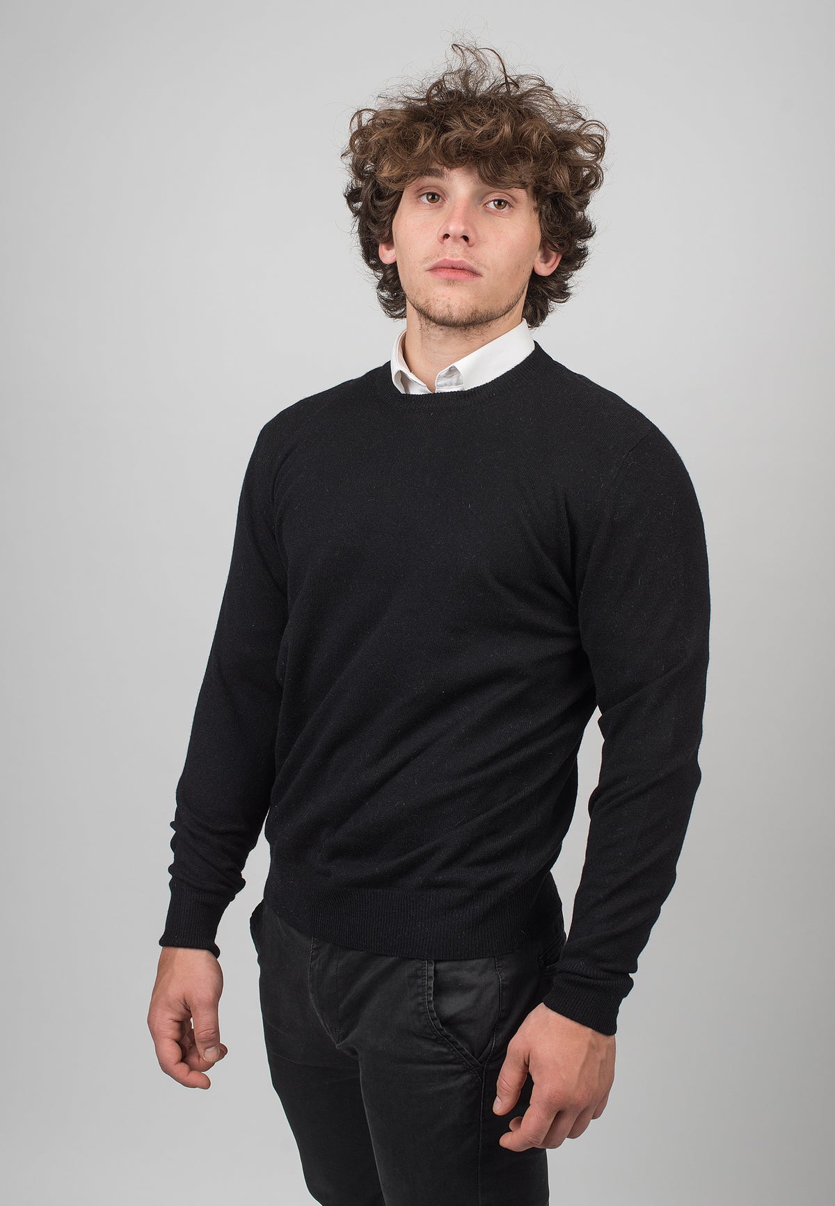 Men's 100% cashmere crewneck, colour Black, view 2 | Dalle Piane Cashmere