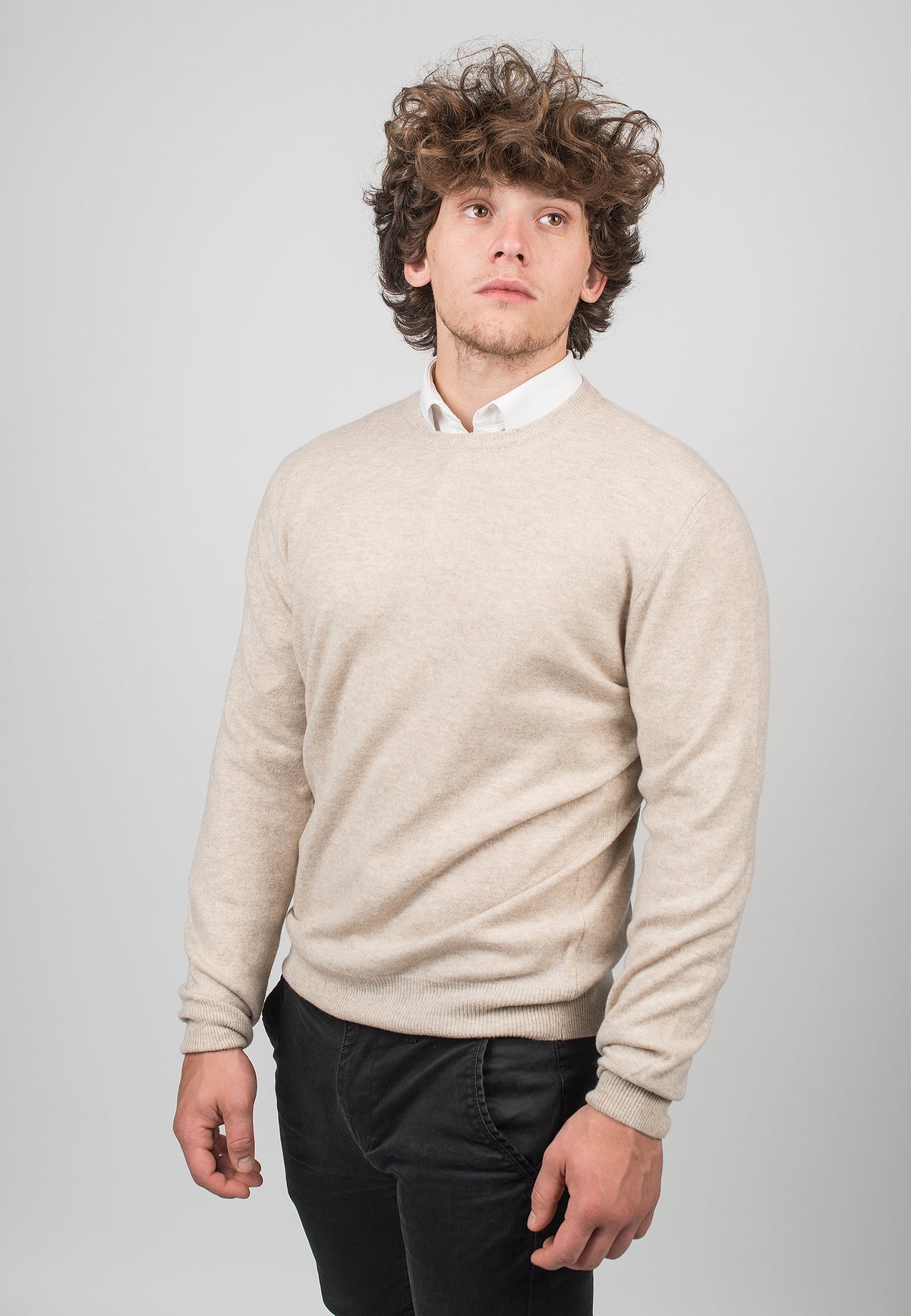Men's 100% cashmere crewneck, colour Beige, view 2 | Dalle Piane Cashmere