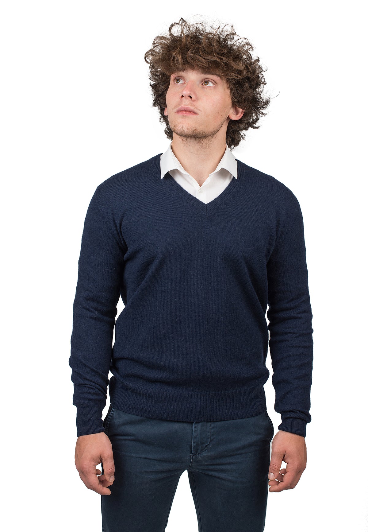 Men's 100% cashmere V-neck, colour Blue | Dalle Piane Cashmere