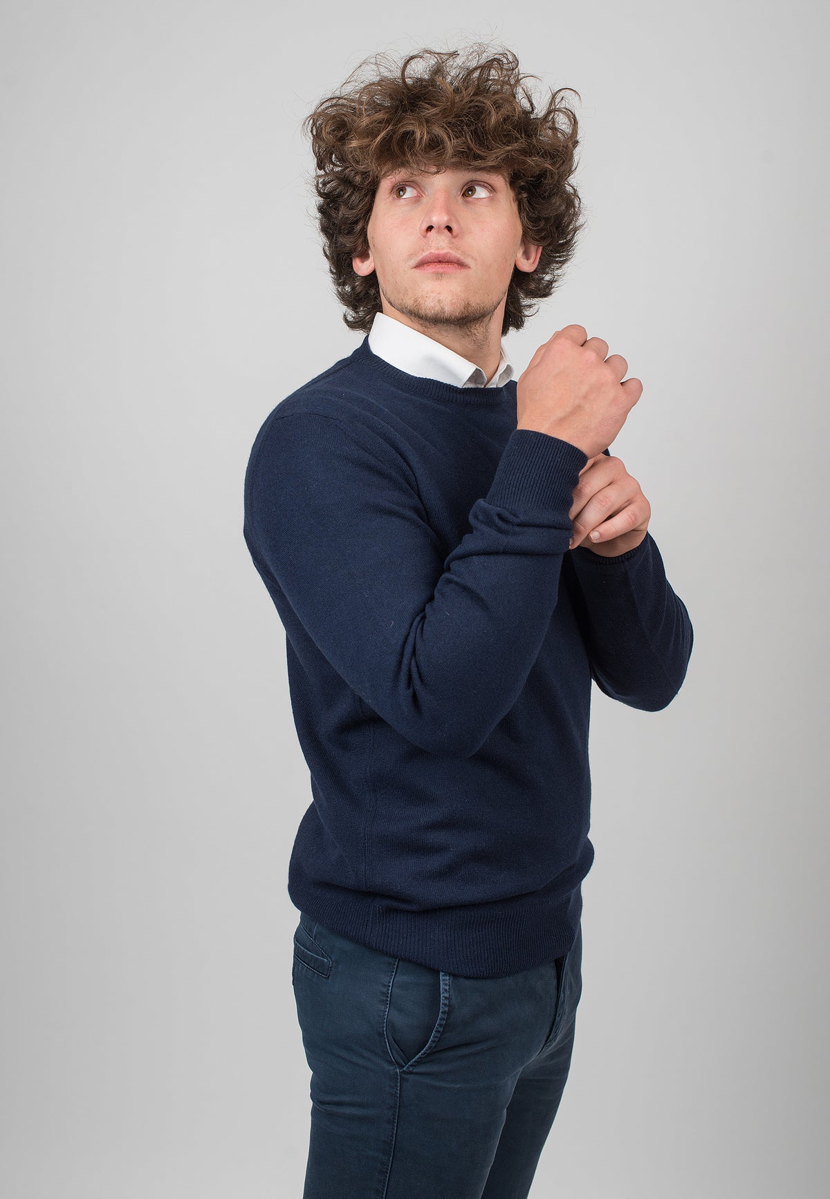 Men's 100% cashmere crewneck, colour Blue, view 3 | Dalle Piane Cashmere
