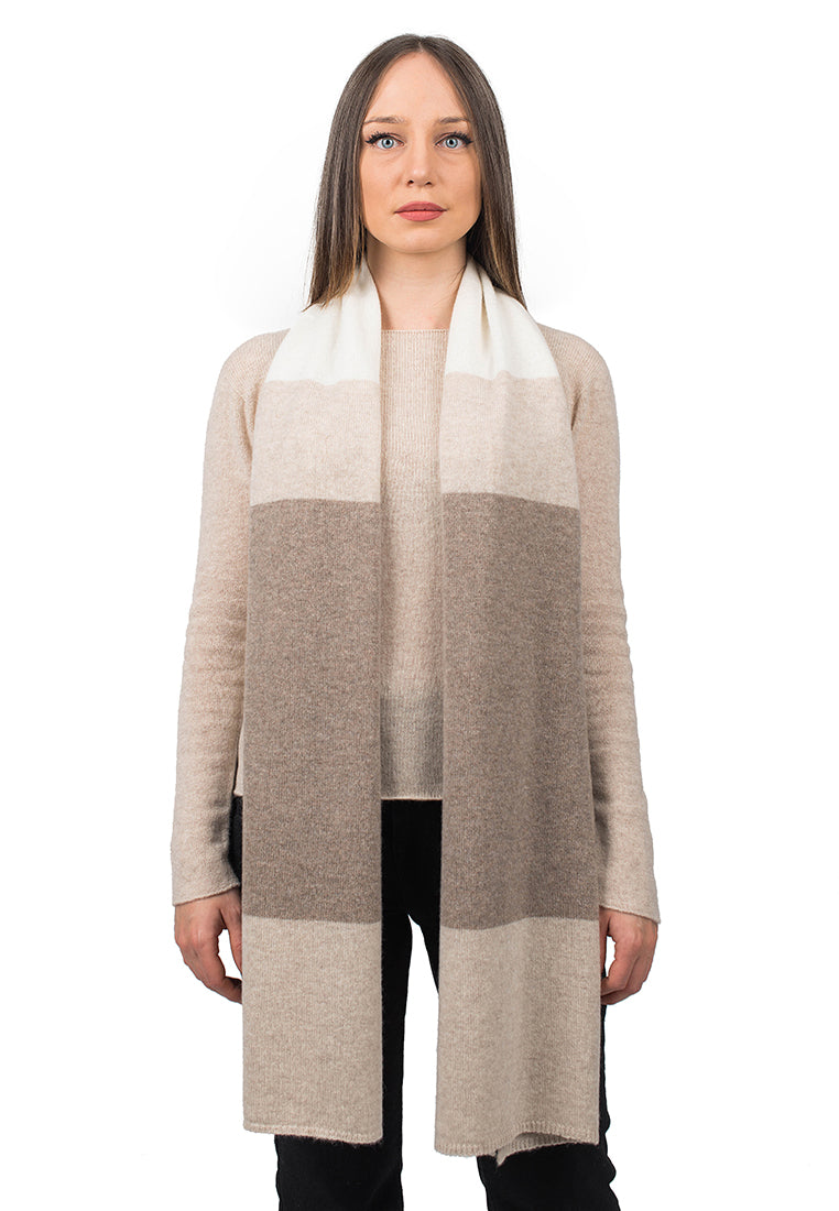 Women's three-colour 100% cashmere scarf, colour Beige-Mink-Cream | Dalle Piane Cashmere