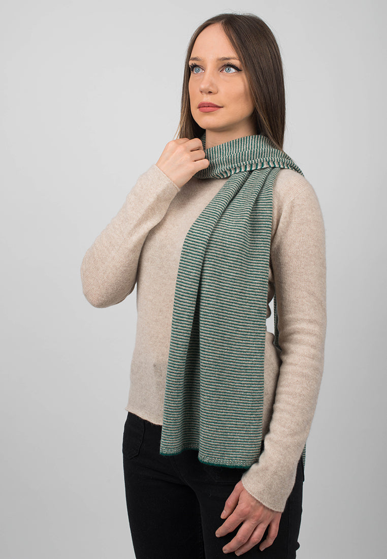 Women's striped 100% cashmere scarf, colour Green-Beige-Cream, view 2 | Dalle Piane Cashmere