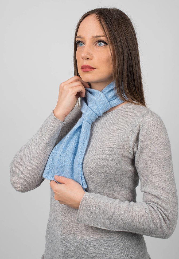 Women's 100% cashmere skinny scarf, colour Sky, view 3 | Dalle Piane Cashmere