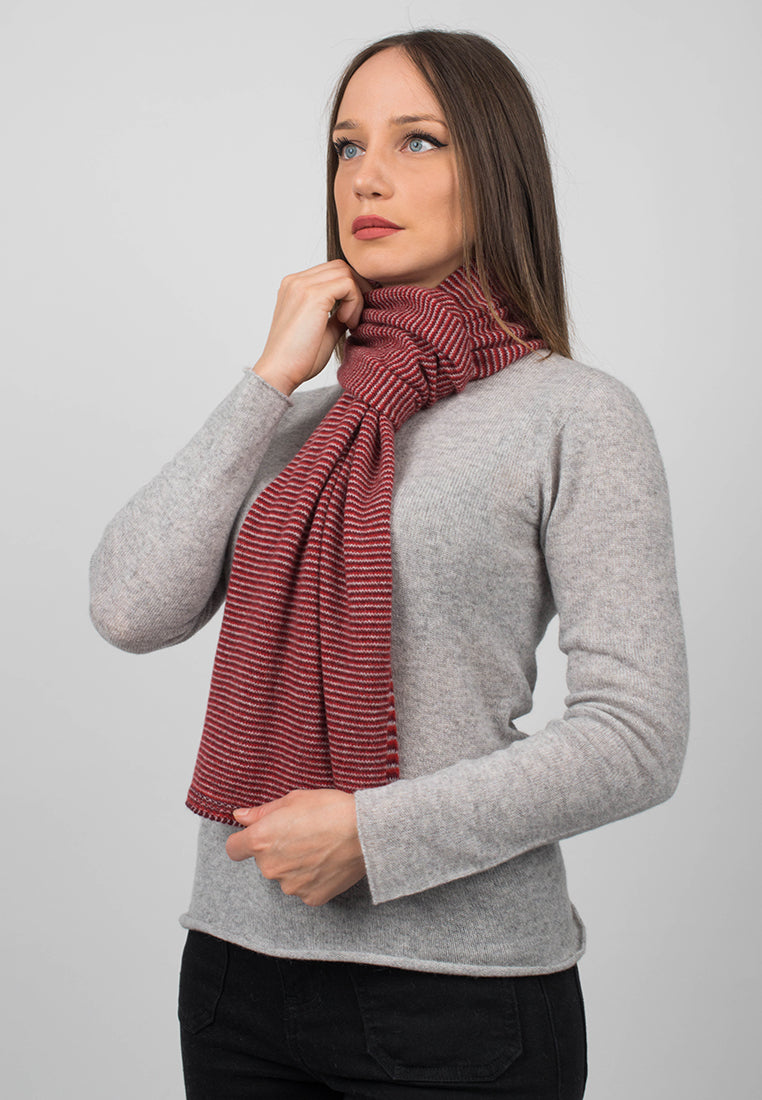 Women's striped 100% cashmere scarf, colour Red-Bordeaux-Grey, view 4 | Dalle Piane Cashmere
