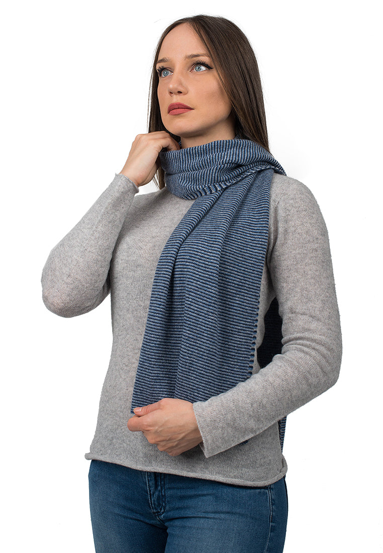 Women's striped 100% cashmere scarf, colour Blue-Light Blue-Sky | Dalle Piane Cashmere