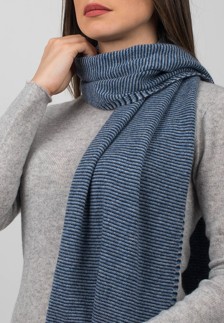 Women's striped 100% cashmere scarf, colour Blue-Light Blue-Sky, view 3 | Dalle Piane Cashmere