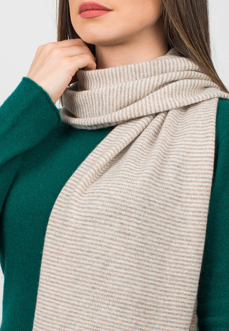 Women's striped 100% cashmere scarf, colour Mink-Beige-Cream, view 3 | Dalle Piane Cashmere