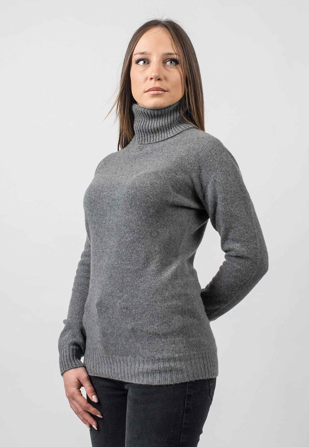 Women's recycled cashmere turtleneck, colour Grey, view 2 | Dalle Piane Cashmere