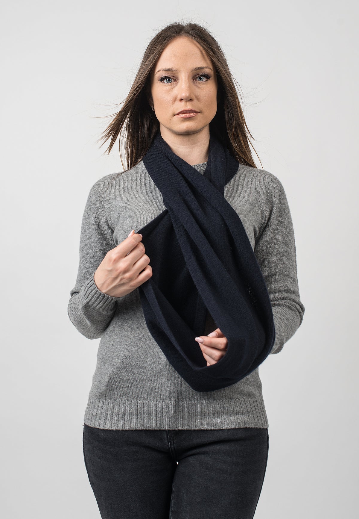 Recycled cashmere infinity scarf, colour Blue, view 2 | Dalle Piane Cashmere