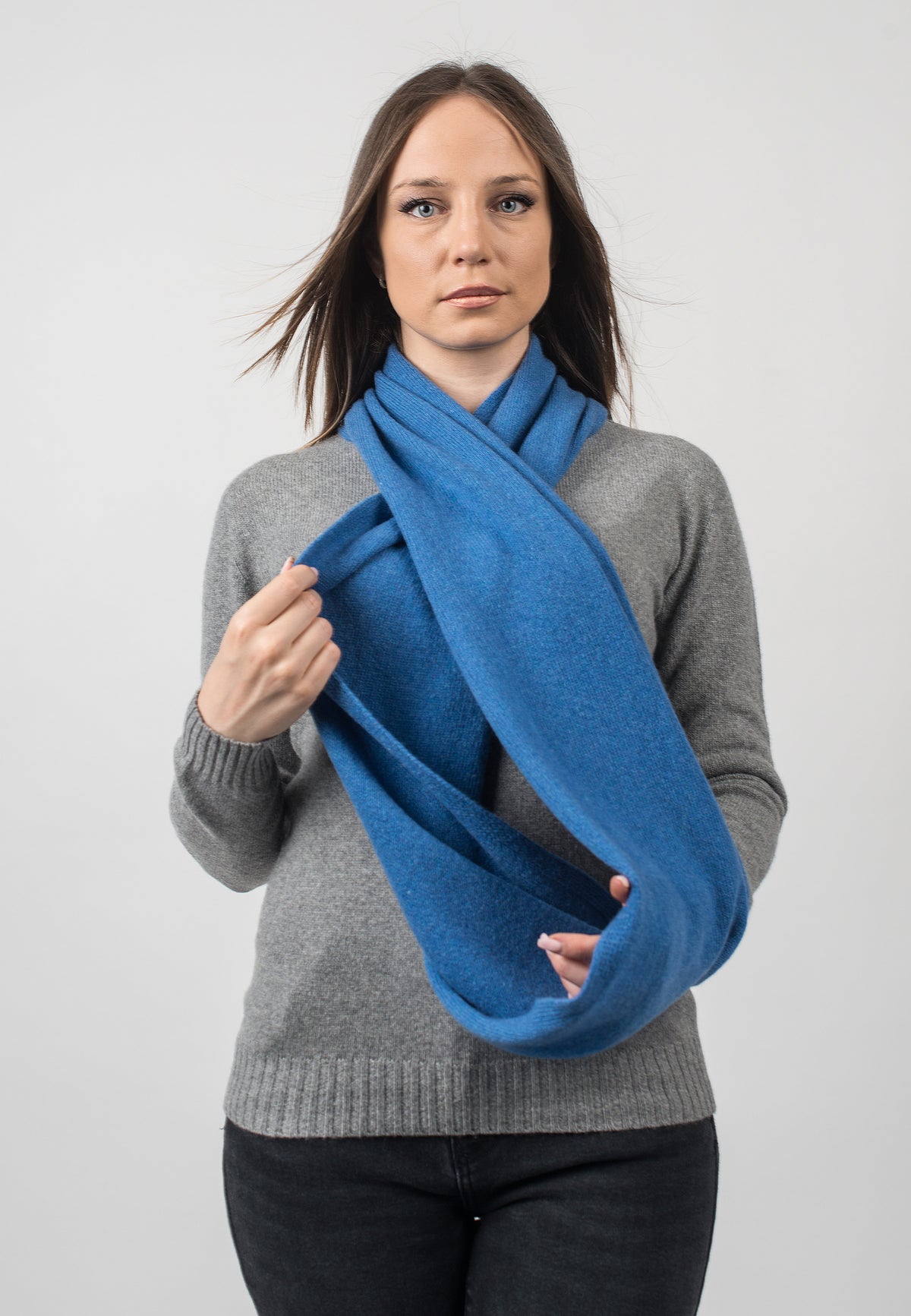 Recycled cashmere infinity scarf, colour Light Blue, view 2 | Dalle Piane Cashmere