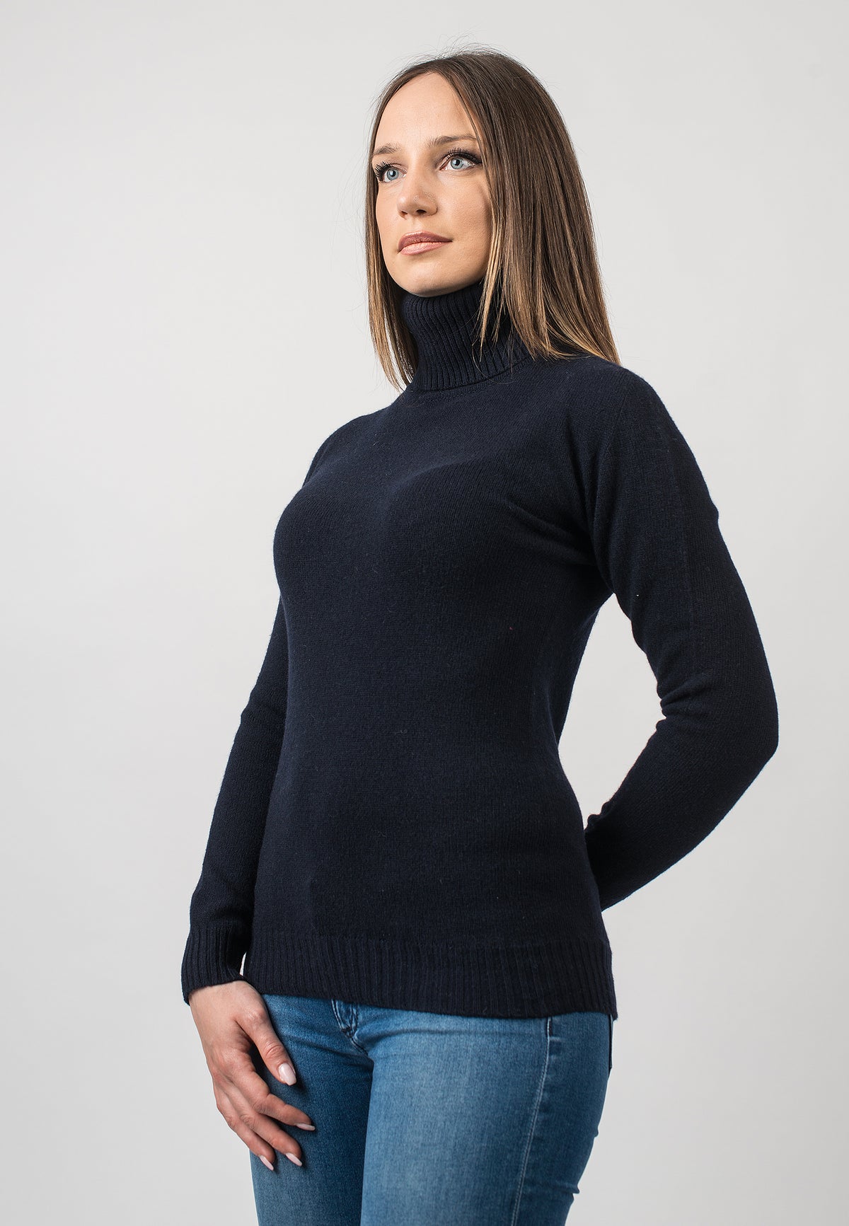 Women's recycled cashmere turtleneck, colour Blue, view 2 | Dalle Piane Cashmere