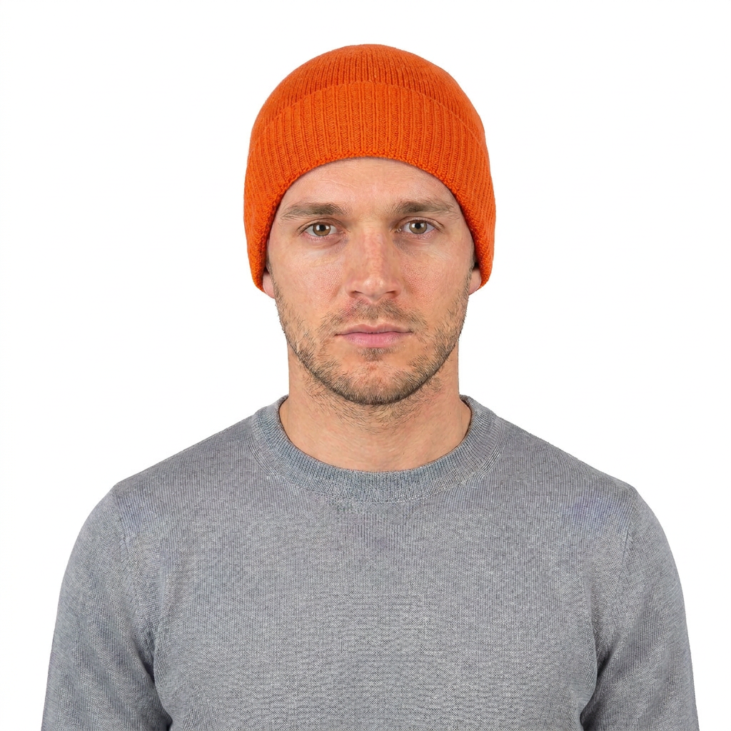 Men's plain-knit 100% cashmere beanie, colour Orange, view 2 | Dalle Piane Cashmere