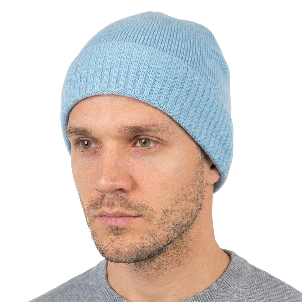 Men's plain-knit 100% cashmere beanie, colour Sky, view 2 | Dalle Piane Cashmere