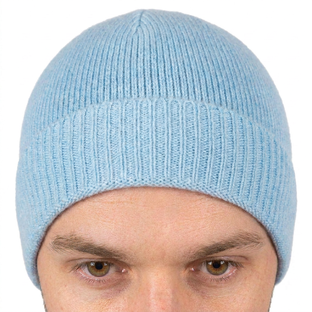 Men's plain-knit 100% cashmere beanie, colour Sky, view 4 | Dalle Piane Cashmere