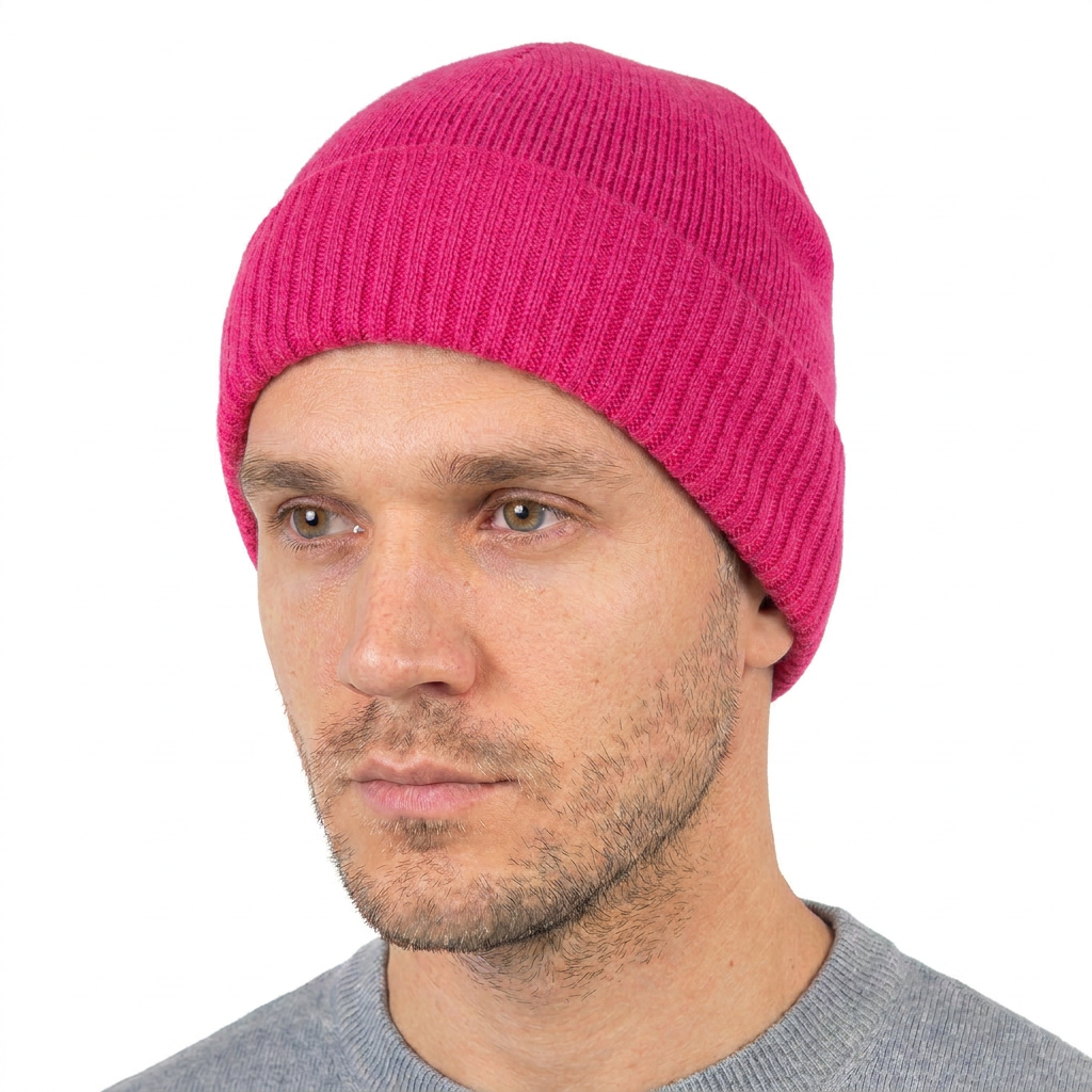 Men's plain-knit 100% cashmere beanie, colour Fuchsia, view 2 | Dalle Piane Cashmere