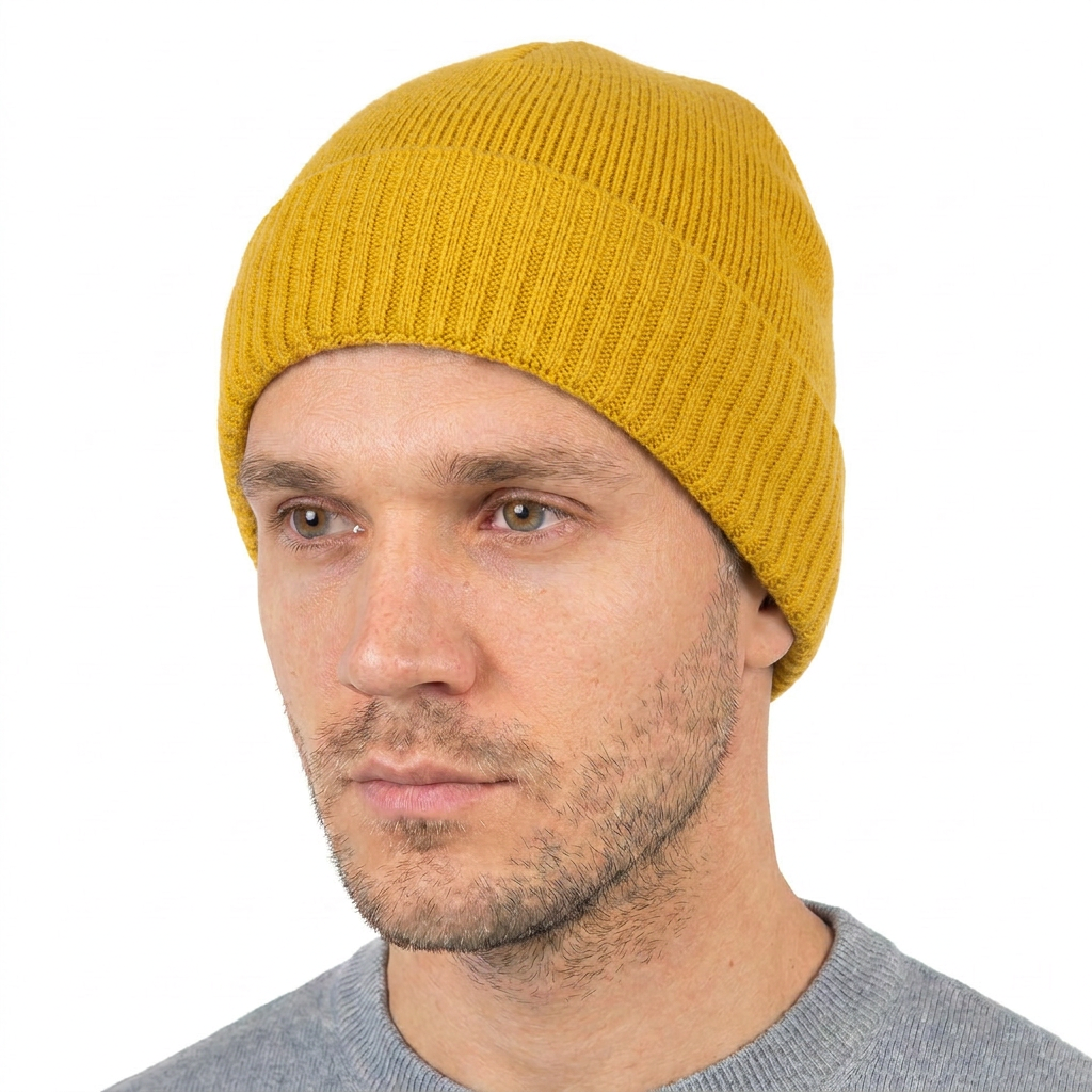 Men's plain-knit 100% cashmere beanie, colour Yellow, view 2 | Dalle Piane Cashmere