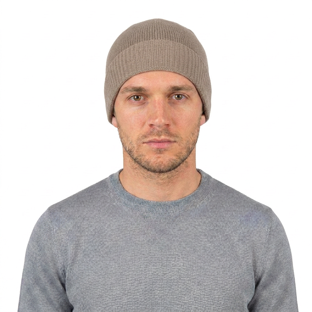 Men's plain-knit 100% cashmere beanie, colour Mink, view 3 | Dalle Piane Cashmere