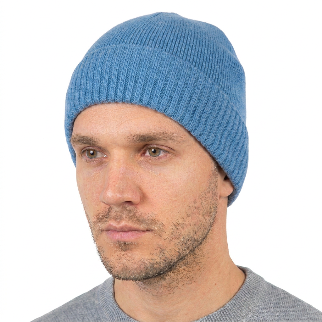 Men's plain-knit 100% cashmere beanie, colour Light Blue, view 2 | Dalle Piane Cashmere