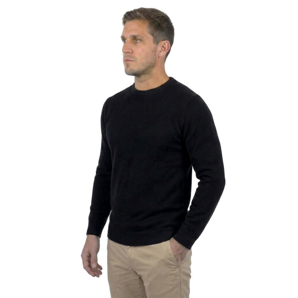 Men's 100% merino wool crewneck, colour Black, view 3 | Dalle Piane Cashmere