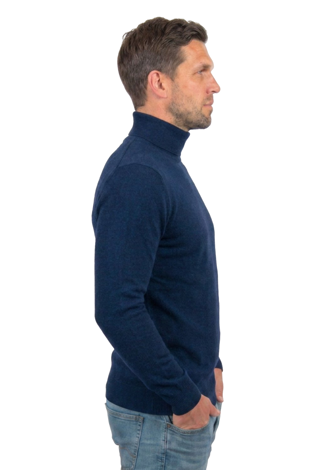 Men's 100% merino wool turtleneck, colour Blue, view 3 | Dalle Piane Cashmere