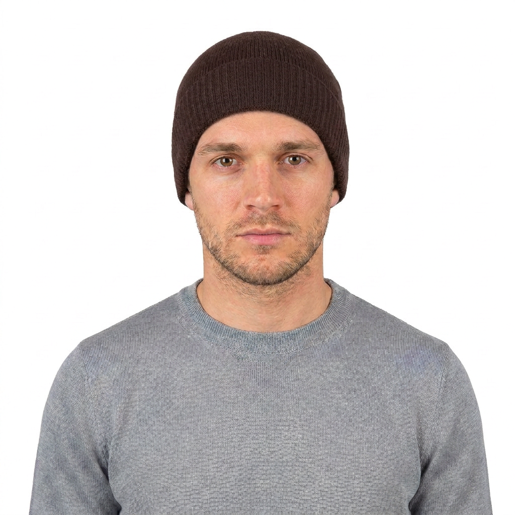 Men's plain-knit 100% cashmere beanie, colour Brown, view 2 | Dalle Piane Cashmere