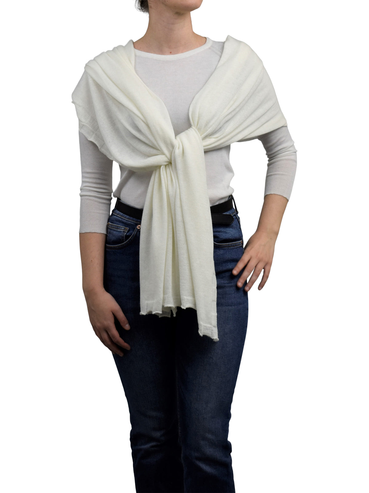 Women's cotton and cashmere wrap, colour Cream, view 2 | Dalle Piane Cashmere
