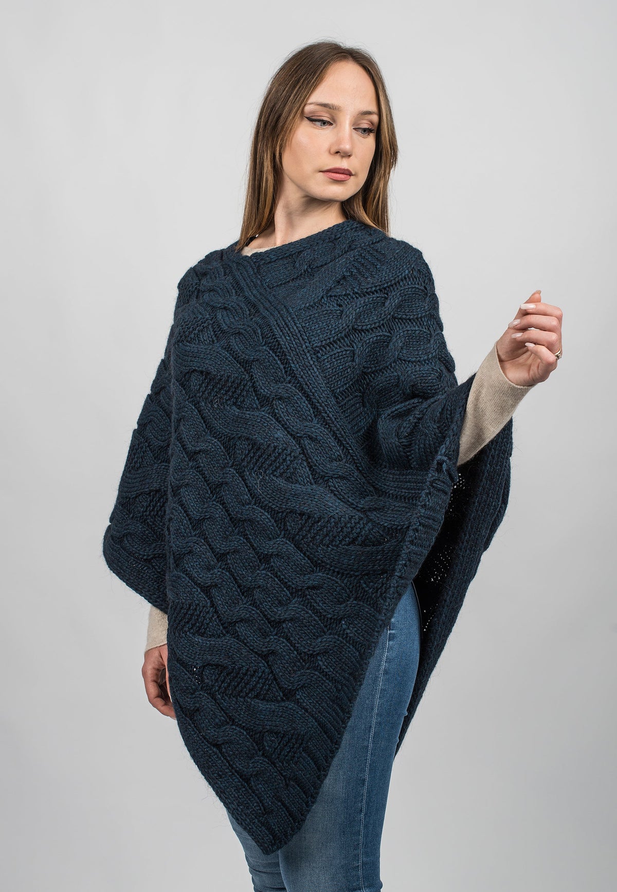 Cable-knit V-neck poncho, colour Blue, view 2 | Dalle Piane Cashmere