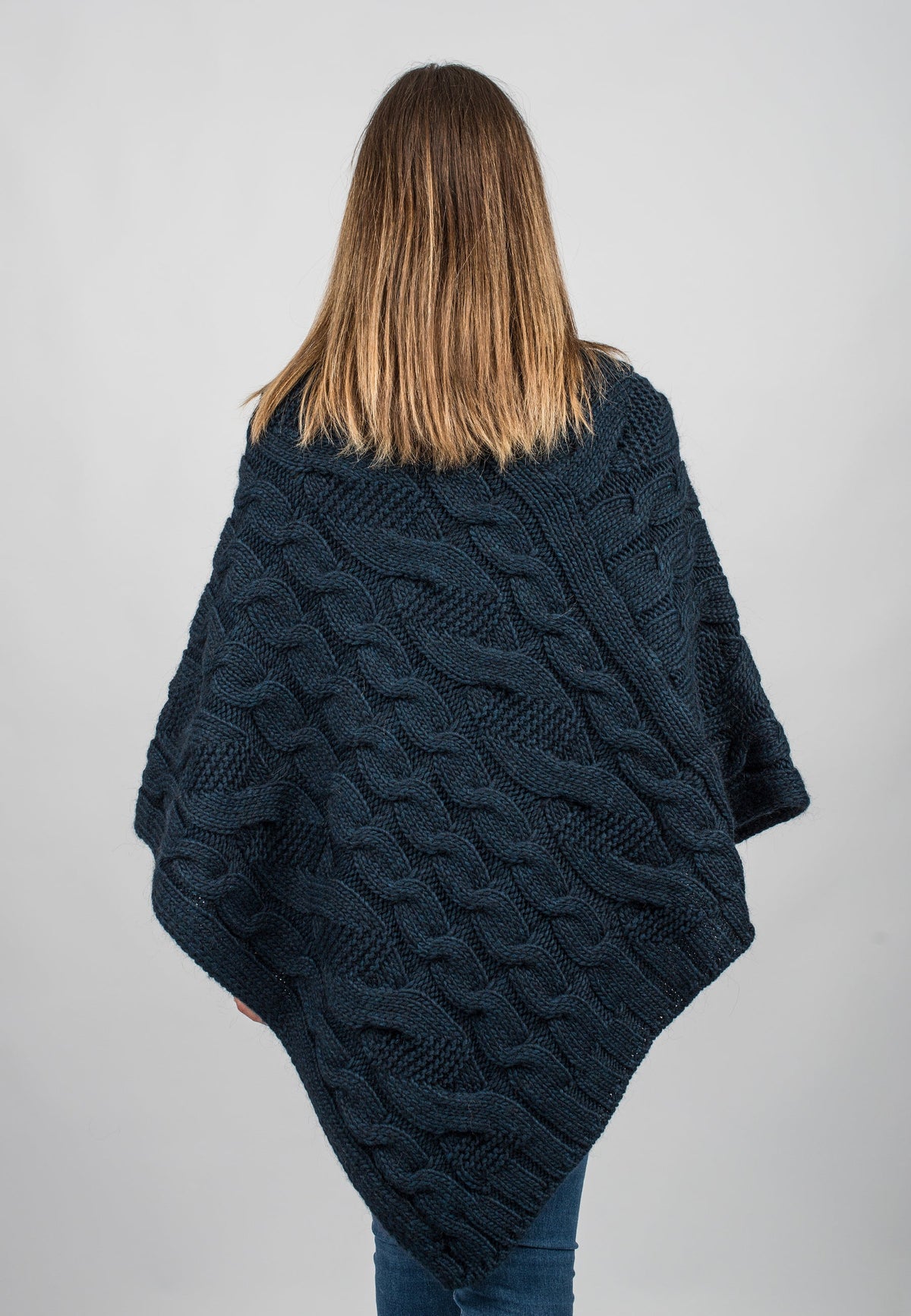 Cable-knit V-neck poncho, colour Blue, view 3 | Dalle Piane Cashmere