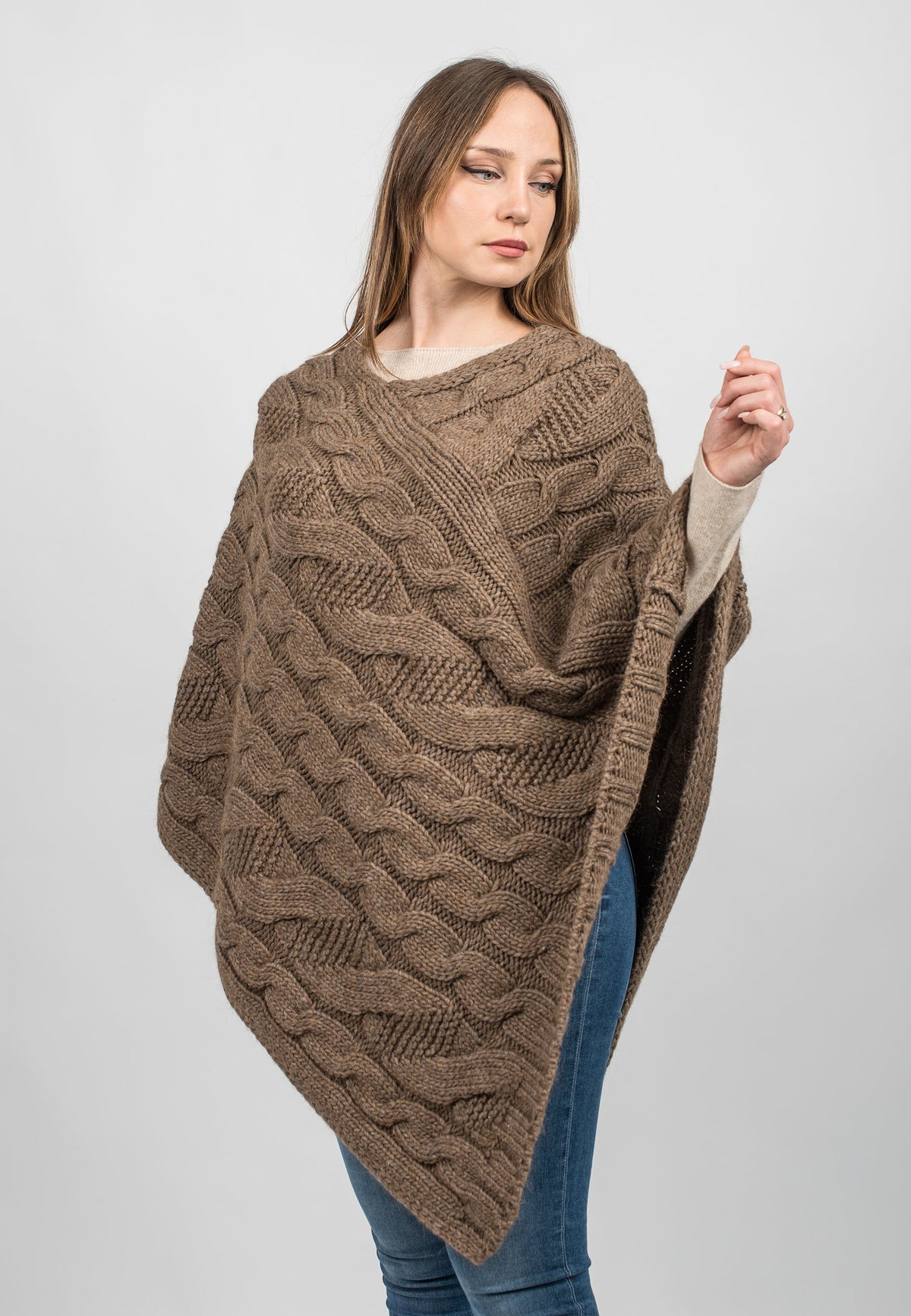 Cable-knit V-neck poncho, colour Mink, view 2 | Dalle Piane Cashmere