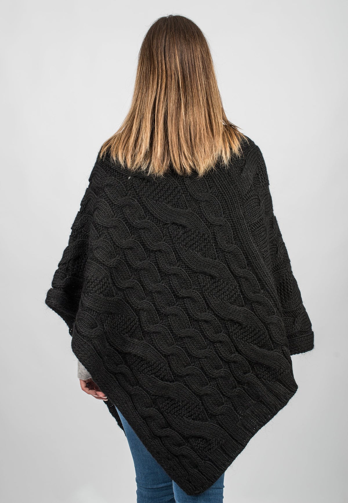 Cable-knit V-neck poncho, colour Black, view 3 | Dalle Piane Cashmere