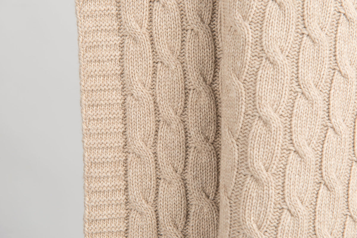 Cable-knit cashmere blend throw, colour Beige, view 2 | Dalle Piane Cashmere