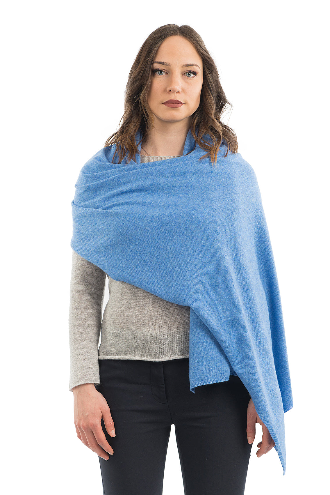 Women's cashmere blend wrap, colour Light Blue, view 2 | Dalle Piane Cashmere