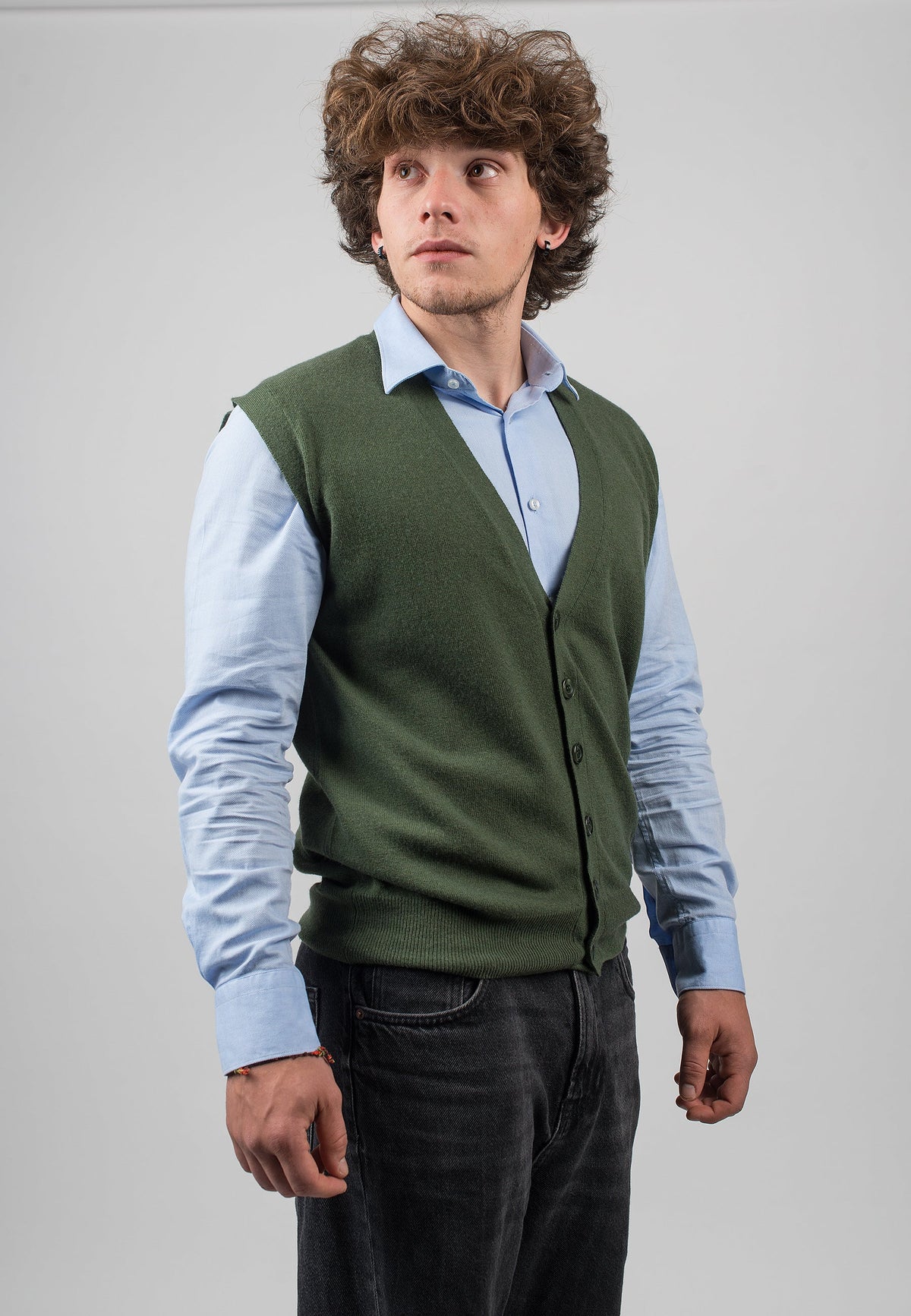 Men's cashmere blend knitted waistcoat, colour Olive, view 2 | Dalle Piane Cashmere