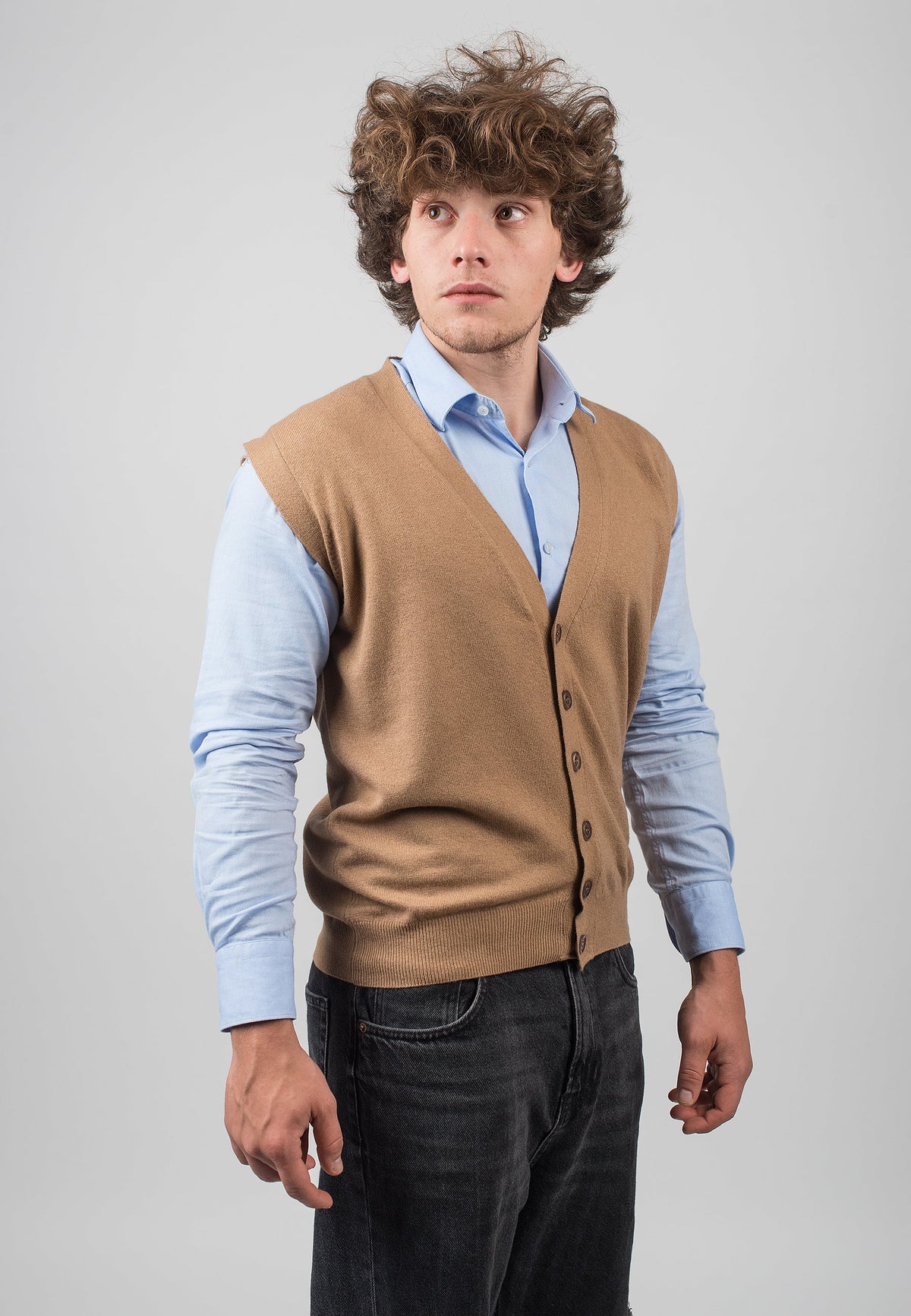 Men's cashmere blend knitted waistcoat, colour Camel, view 2 | Dalle Piane Cashmere