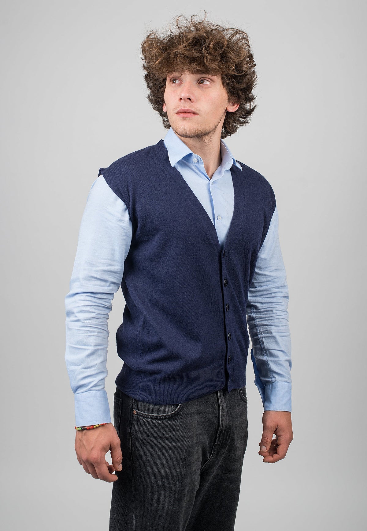 Men's cashmere blend knitted waistcoat, colour Blue, view 2 | Dalle Piane Cashmere