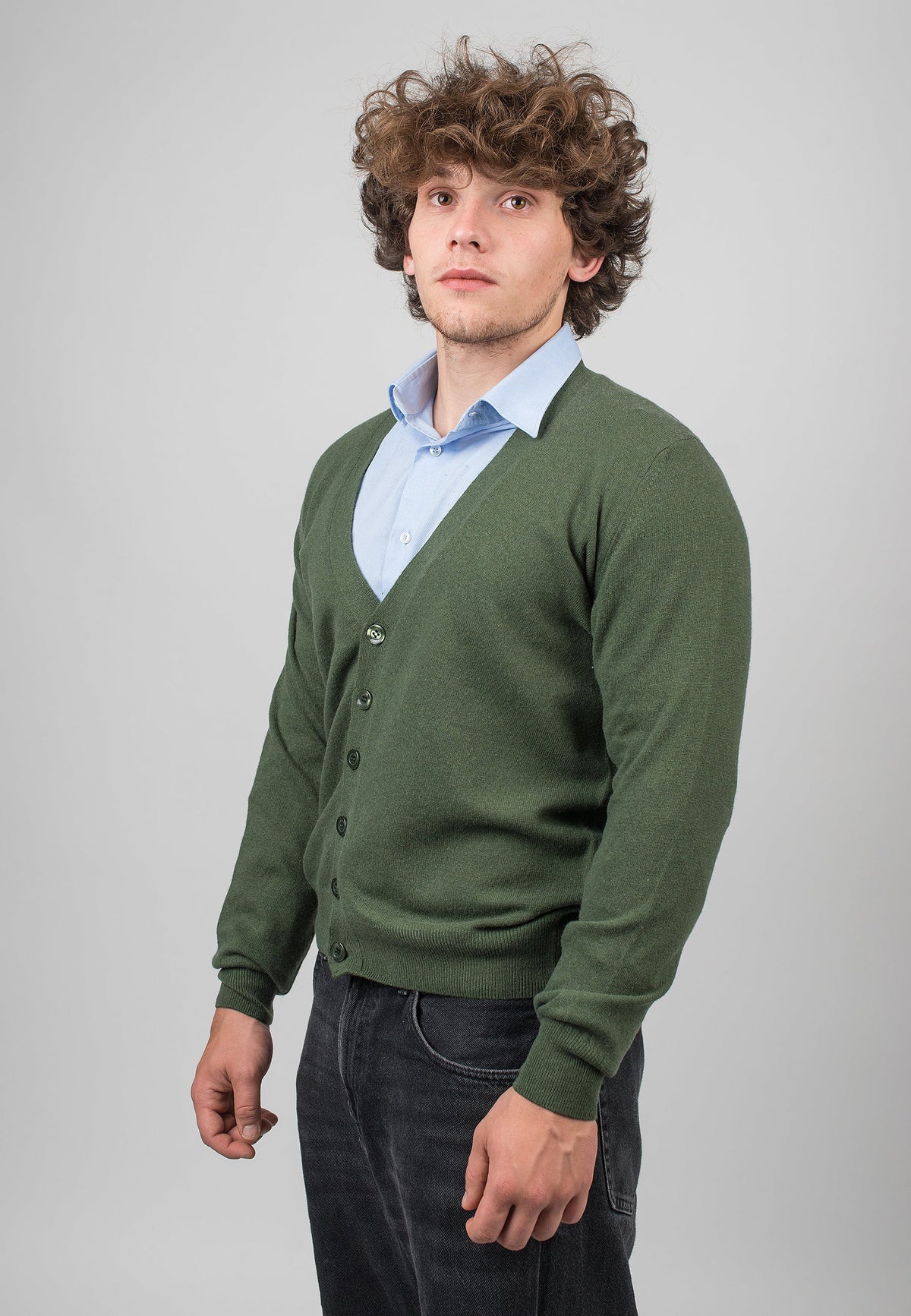 Men's cashmere blend cardigan, colour Olive, view 2 | Dalle Piane Cashmere
