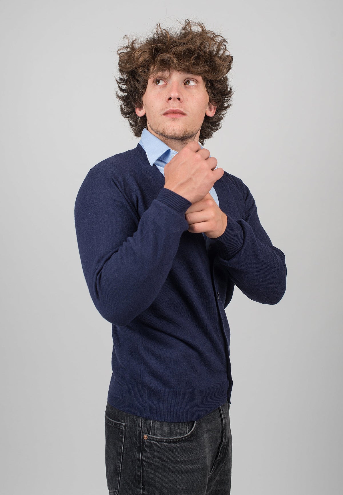 Men's cashmere blend cardigan, colour Blue, view 3 | Dalle Piane Cashmere