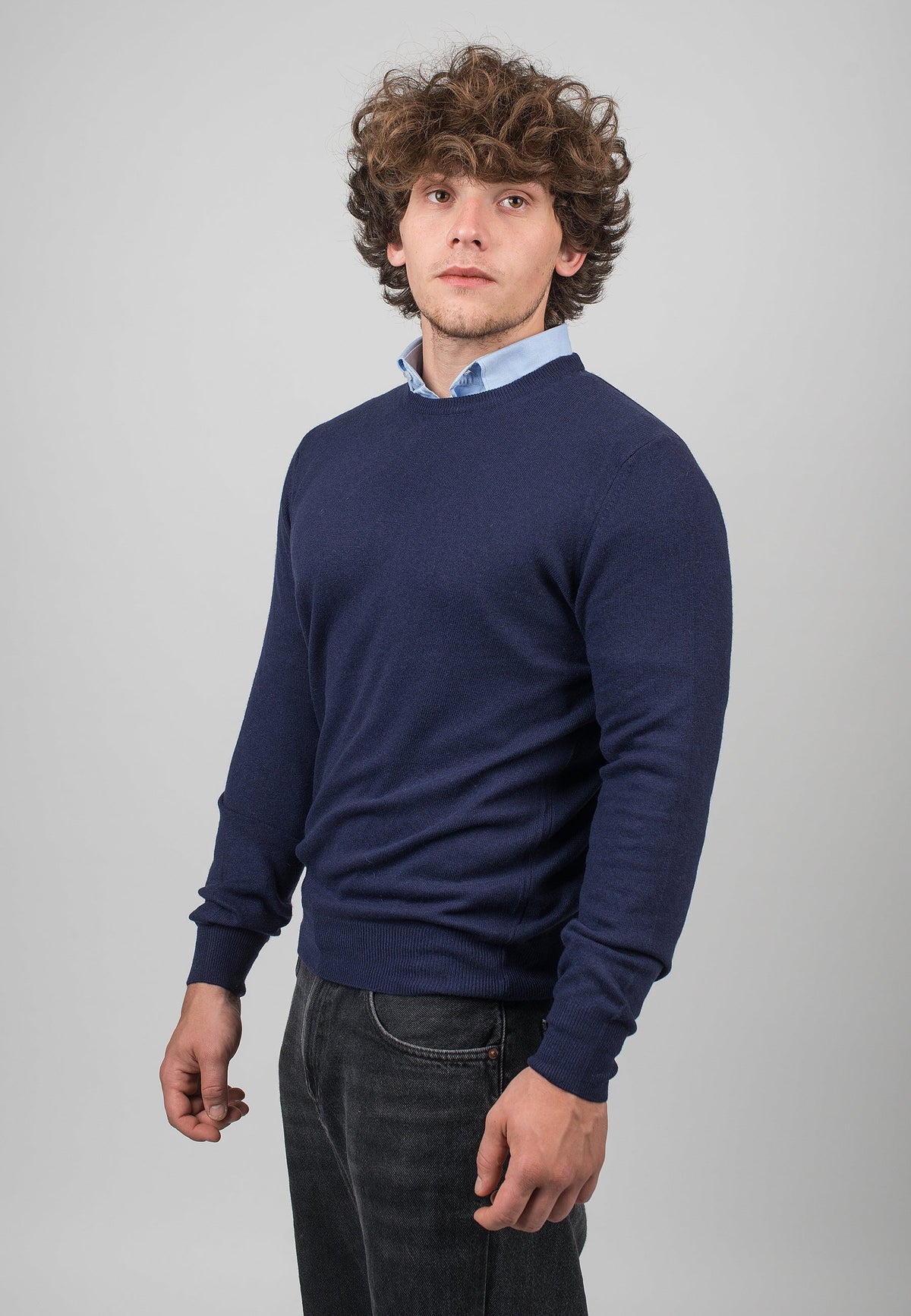 Men's cashmere blend crewneck, colour Blue, view 2 | Dalle Piane Cashmere
