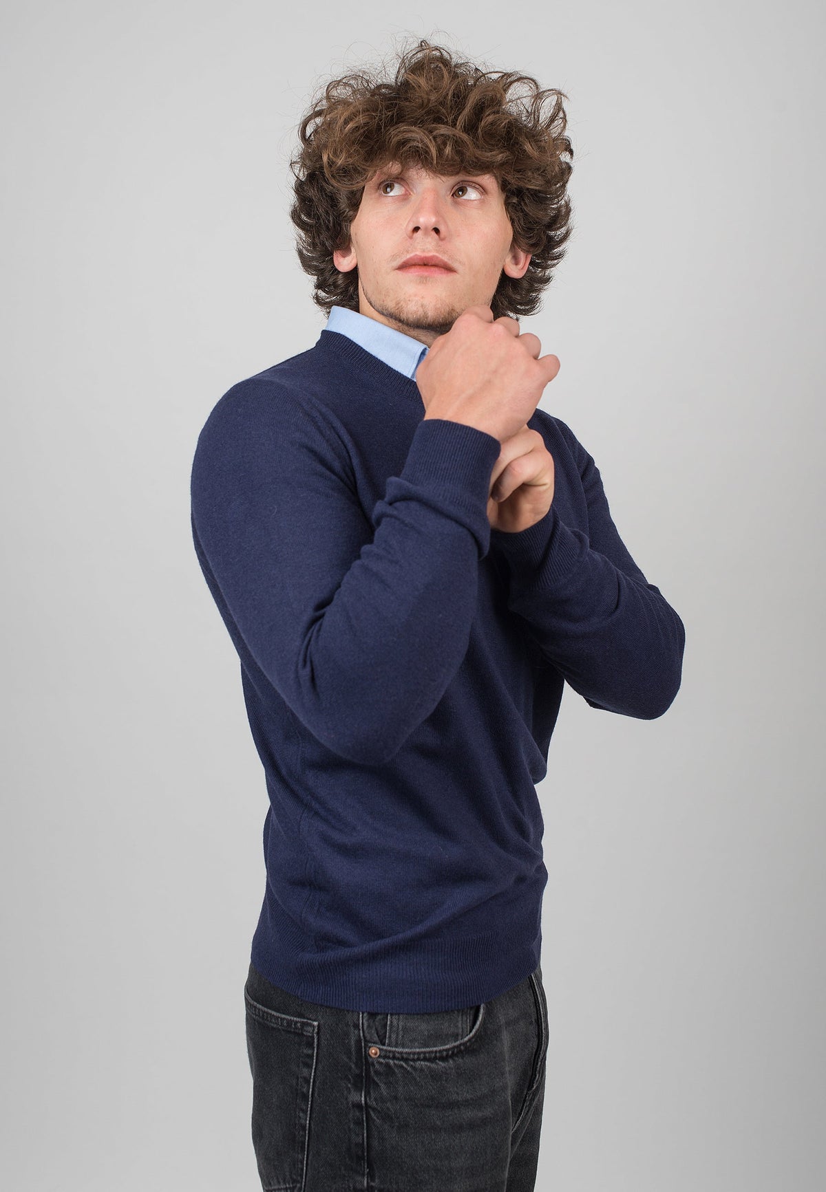 Men's cashmere blend crewneck, colour Blue, view 3 | Dalle Piane Cashmere