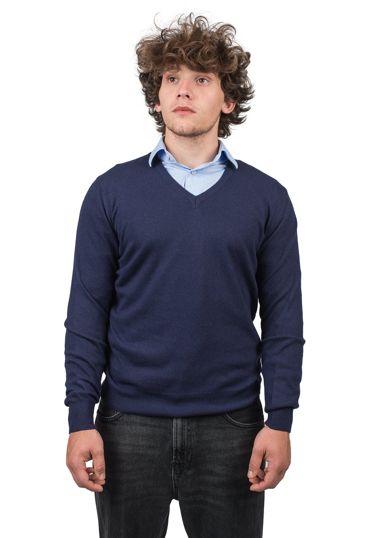Men's cashmere blend V-neck, colour Blue | Dalle Piane Cashmere