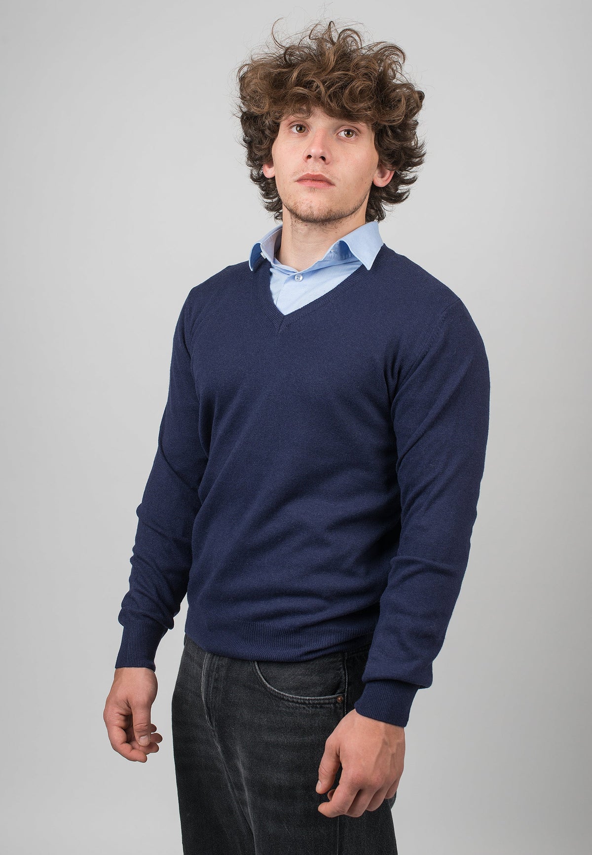 Men's cashmere blend V-neck, colour Blue, view 2 | Dalle Piane Cashmere