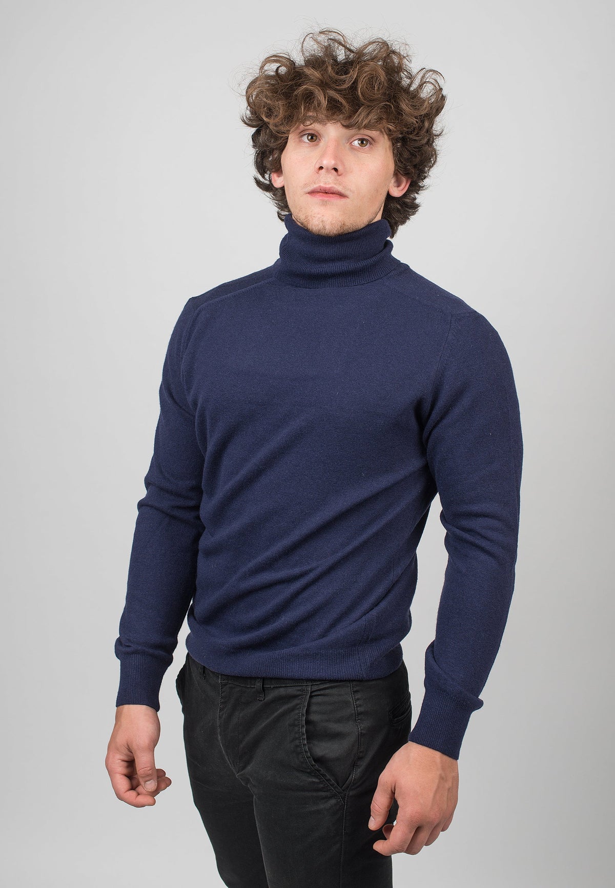 Men's cashmere blend turtleneck, colour Blue, view 2 | Dalle Piane Cashmere